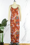 Brown Sexy Print Patchwork Slit Halter Printed Dress Dresses