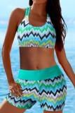 Green Sexy Print Solid Hollowed Out Backless Three Piece Set (With Paddings)