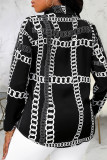 Black Casual Print Patchwork Buckle Turndown Collar Tops