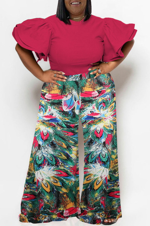 Rose Red Casual Print Patchwork O Neck Plus Size Two Pieces