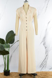 Apricot Casual Solid Patchwork Buckle Turn-back Collar Straight Jumpsuits