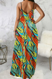 Yellow Blue Casual Print Patchwork Spaghetti Strap Sling Dress Dresses