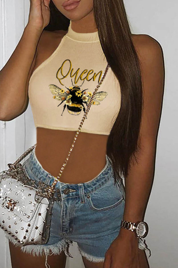 Khaki Casual Print Basic O Neck Tops