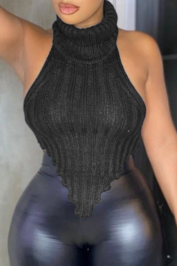 Black Sexy Casual Solid Backless Turtleneck Tops