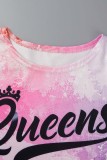 Pink Casual Letter Print Tie-dye O Neck Short Sleeve Two Pieces