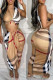 Khaki Sexy Print Patchwork V Neck Irregular Dress Dresses