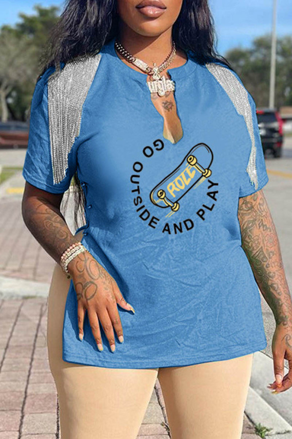 Blue Casual Print Tassel Patchwork Slit V Neck T-Shirts