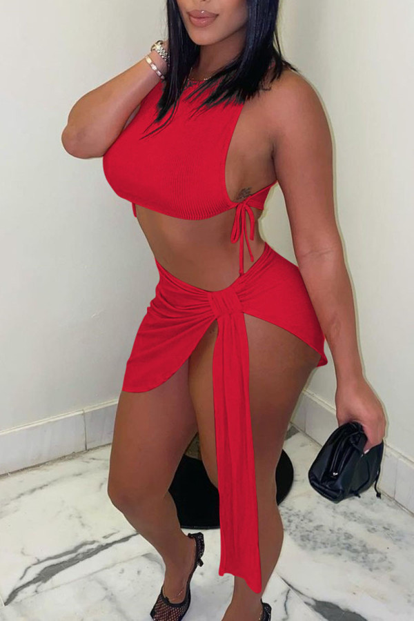 Red Sexy Solid Patchwork Frenulum Asymmetrical O Neck Sleeveless Two Pieces