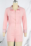 Pink Casual Solid Patchwork Zipper Collar Regular Romper