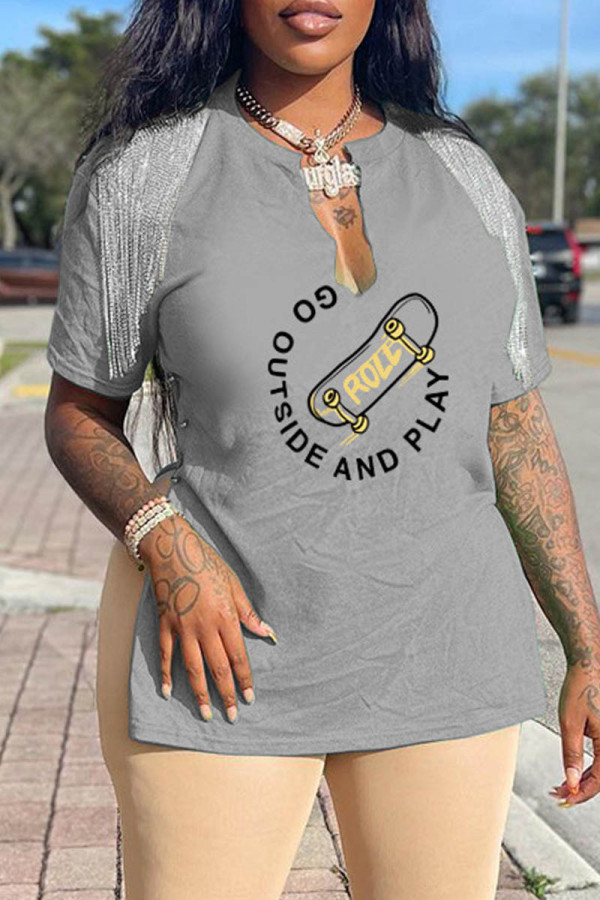 Grey Casual Print Tassel Patchwork Slit V Neck T-Shirts