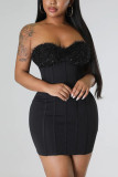 Black Sexy Solid Patchwork Strapless Three Quarter Two Pieces