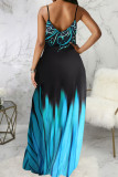 Yellow Blue Casual Print Patchwork Spaghetti Strap Sling Dress Dresses