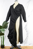 Black Sexy Solid Slit Fold V Neck Long Sleeve Plus Size Dresses