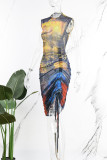 Colour Sexy Street Print Patchwork Draw String See-through Asymmetrical O Neck Irregular Dress Dresses