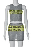 Black Sexy Letter Print Patchwork See-through O Neck Sleeveless Two Pieces