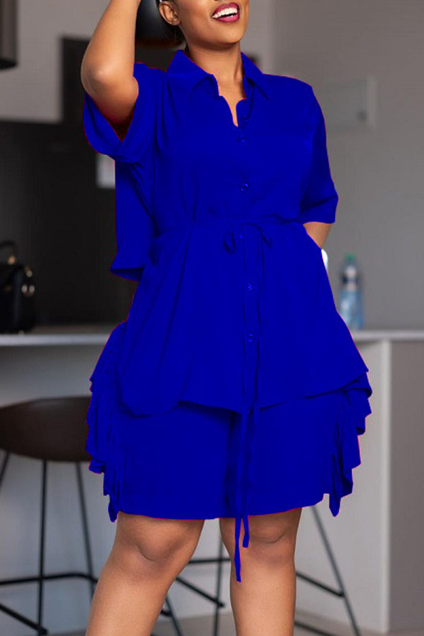 Blue Casual Solid Patchwork Frenulum Buckle Stringy Selvedge Turndown Collar Short Sleeve Two Pieces