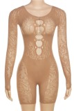 Brown Sexy Solid Hollowed Out See-through O Neck Skinny Romper