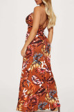 Brown Sexy Print Patchwork Slit Halter Printed Dress Dresses