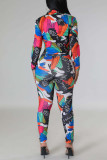 Multicolor Casual Print Bandage Patchwork Turndown Collar Long Sleeve Two Pieces