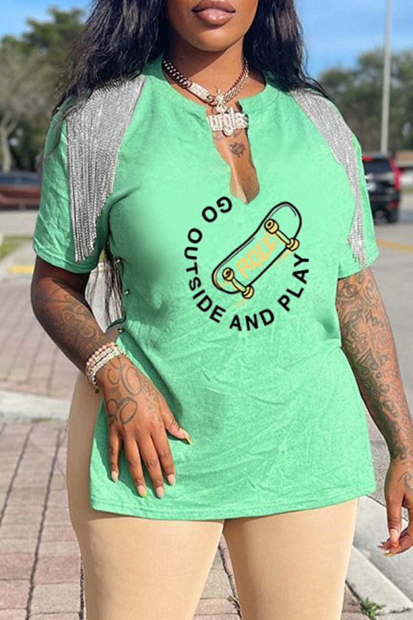 Green Casual Print Tassel Patchwork Slit V Neck T-Shirts