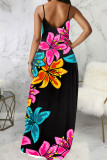 Yellow Blue Casual Print Patchwork Spaghetti Strap Sling Dress Dresses
