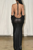 Black Sexy Solid Patchwork Backless V Neck One Step Skirt Dresses
