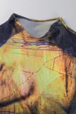 Colour Sexy Street Print Patchwork Draw String See-through Asymmetrical O Neck Irregular Dress Dresses