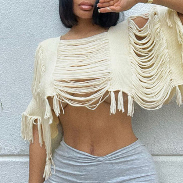 Apricot Sexy Solid Tassel Hollowed Out Patchwork Square Collar Tops
