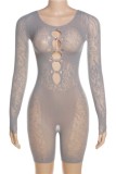 Grey Sexy Solid Hollowed Out See-through O Neck Skinny Romper