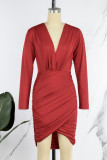 Red Sexy Solid Patchwork V Neck Pencil Skirt Dresses