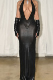 Black Sexy Solid Patchwork Backless V Neck One Step Skirt Dresses
