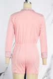 Pink Casual Solid Patchwork Zipper Collar Regular Romper