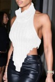 White Sexy Casual Solid Backless Turtleneck Tops