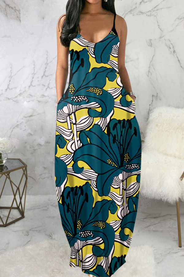 Yellow Blue Casual Print Patchwork Spaghetti Strap Sling Dress Dresses