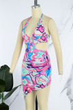 Colour Sexy Print Bandage Backless Halter Irregular Dress Dresses