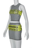 Black Sexy Letter Print Patchwork See-through O Neck Sleeveless Two Pieces