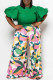 Green Casual Print Patchwork O Neck Plus Size Two Pieces