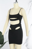 Black Sexy Solid Hollowed Out Backless Spaghetti Strap Sleeveless Dress Dresses