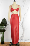 Red Sexy Solid Patchwork Backless Spaghetti Strap Long Dress Dresses