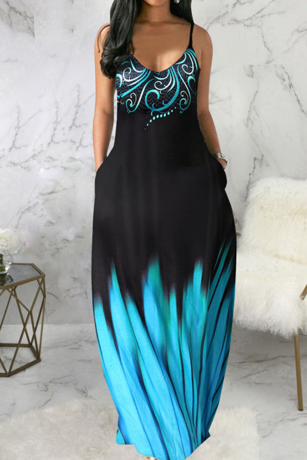 Blue Black Casual Print Patchwork Spaghetti Strap Sling Dress Dresses