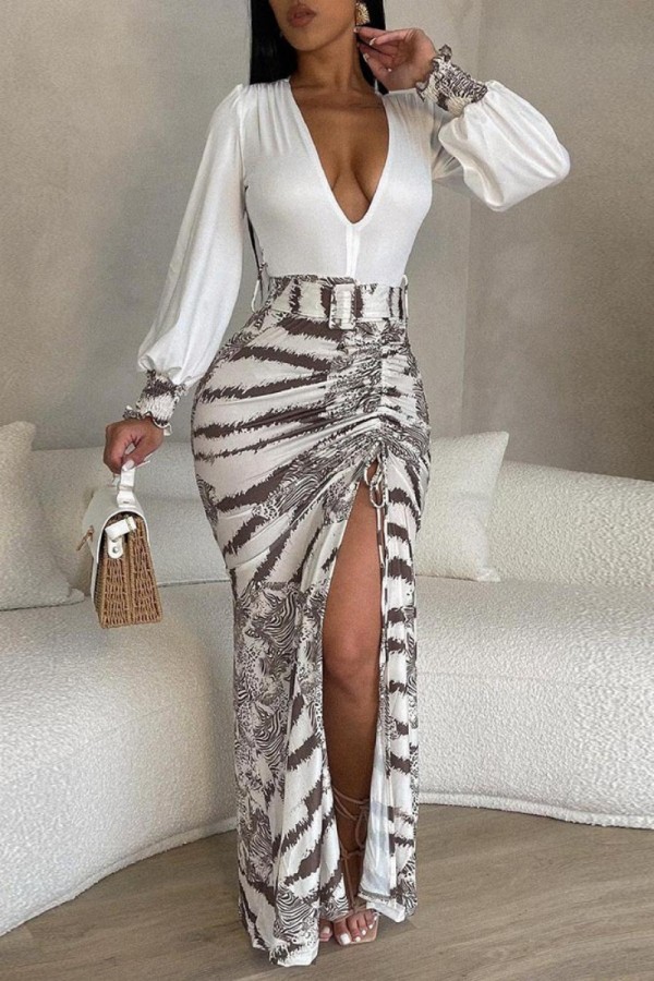 Brown Casual Print Patchwork V Neck Long Sleeve Dresses