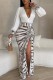 Brown Casual Print Patchwork V Neck Long Sleeve Dresses