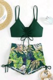 Green Sexy Print Frenulum Backless Swimwears (With Paddings)