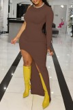 Coffee Casual Solid Slit O Neck Sleeveless Dress Dresses
