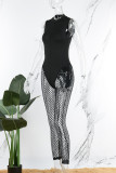 Black Sexy Solid Patchwork See-through V Neck Skinny Jumpsuits