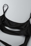 Black Sexy Solid Hollowed Out Backless Spaghetti Strap Sleeveless Dress Dresses