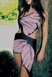 Purple Sexy Print Bandage Patchwork Backless Asymmetrical Oblique Collar Dresses