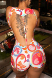 Tangerine Sexy Print Patchwork Backless O Neck Skinny Rompers