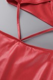 Red Sexy Solid Patchwork Backless Spaghetti Strap Long Dress Dresses
