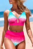 Red Sexy Gradual Change Print Hollowed Out Backless Swimwears (With Paddings)